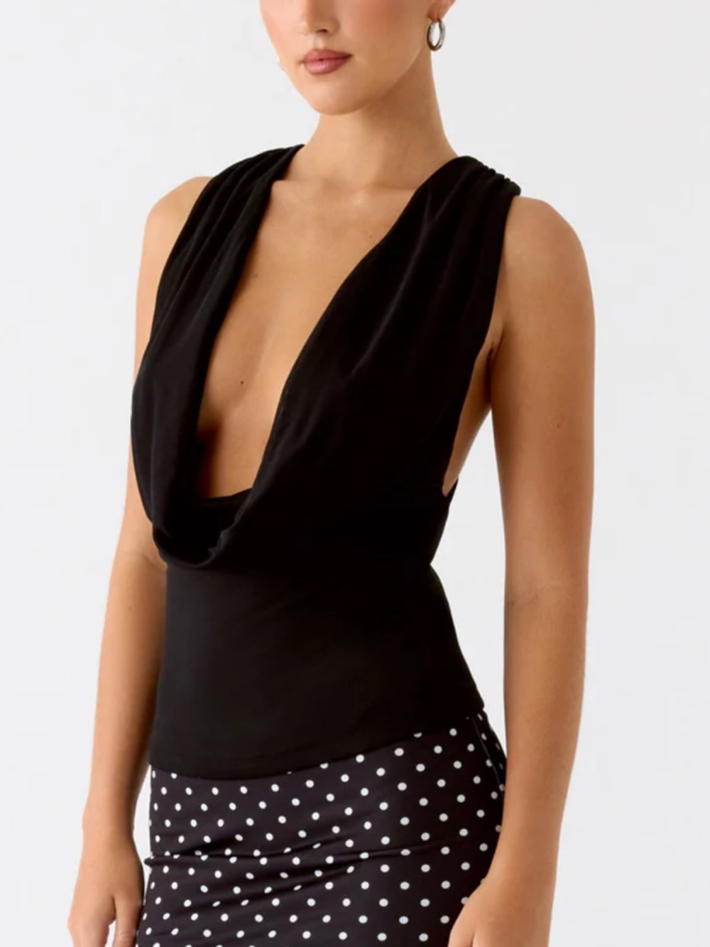 Black Draped Deep Cowl Neck Top